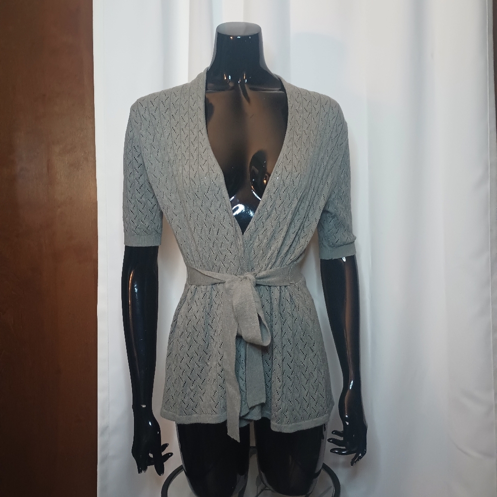 The Limited Y2K Womens Pointelle Wrap Cardigan Large Gray Tie Ballet Dainty 2009